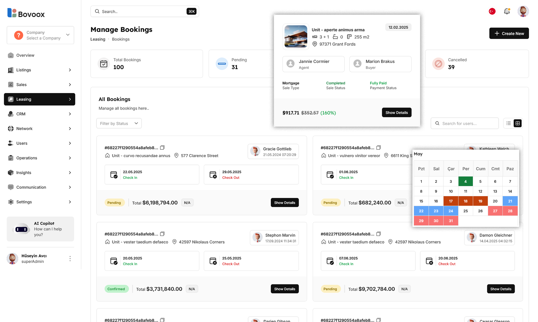 Booking interface with real-time availability and pricing
