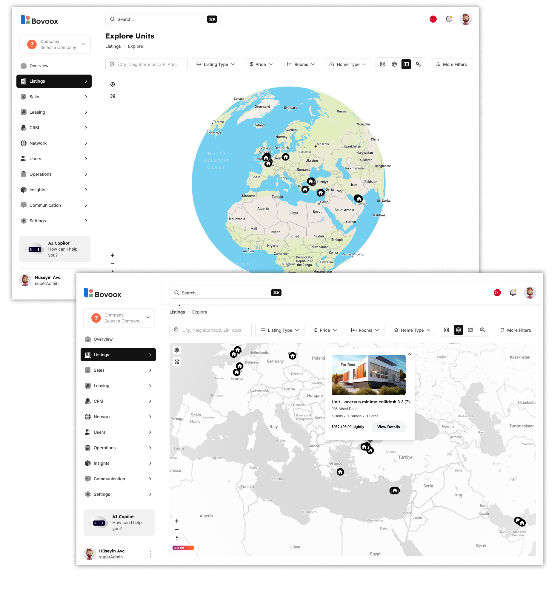 Maps integration showing property locations and analytics